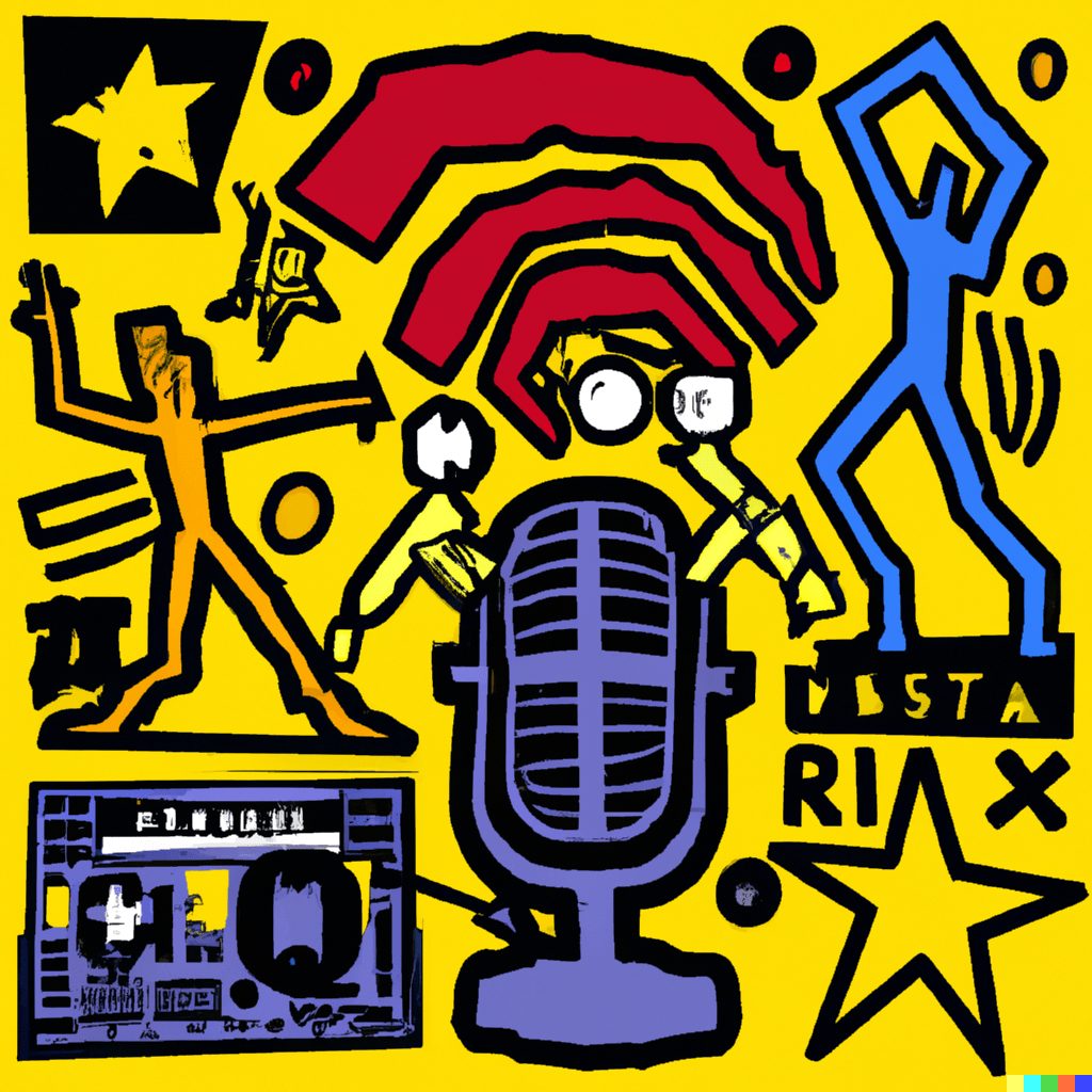 Foto generata con DALL-E-2 con prompt: AI killed (or tookover) the radio & podcast stars in Keith Haring style